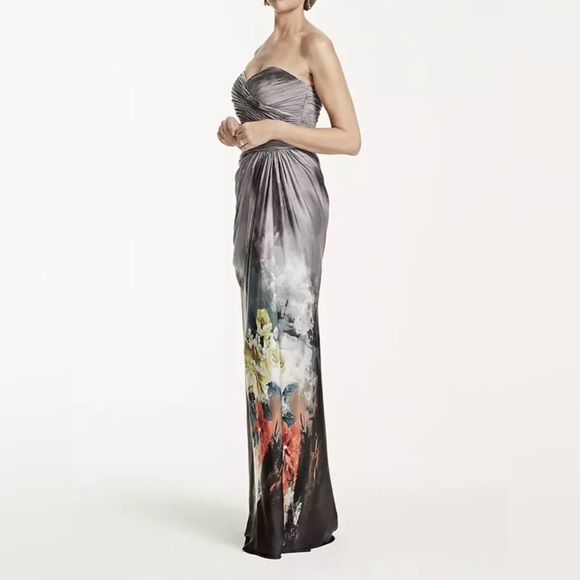 ADRIANNA PAPELL Romantic Moody Chiffon Strapless Ruched Bodice Floral Gown 18/20 - Picture 5 of 16